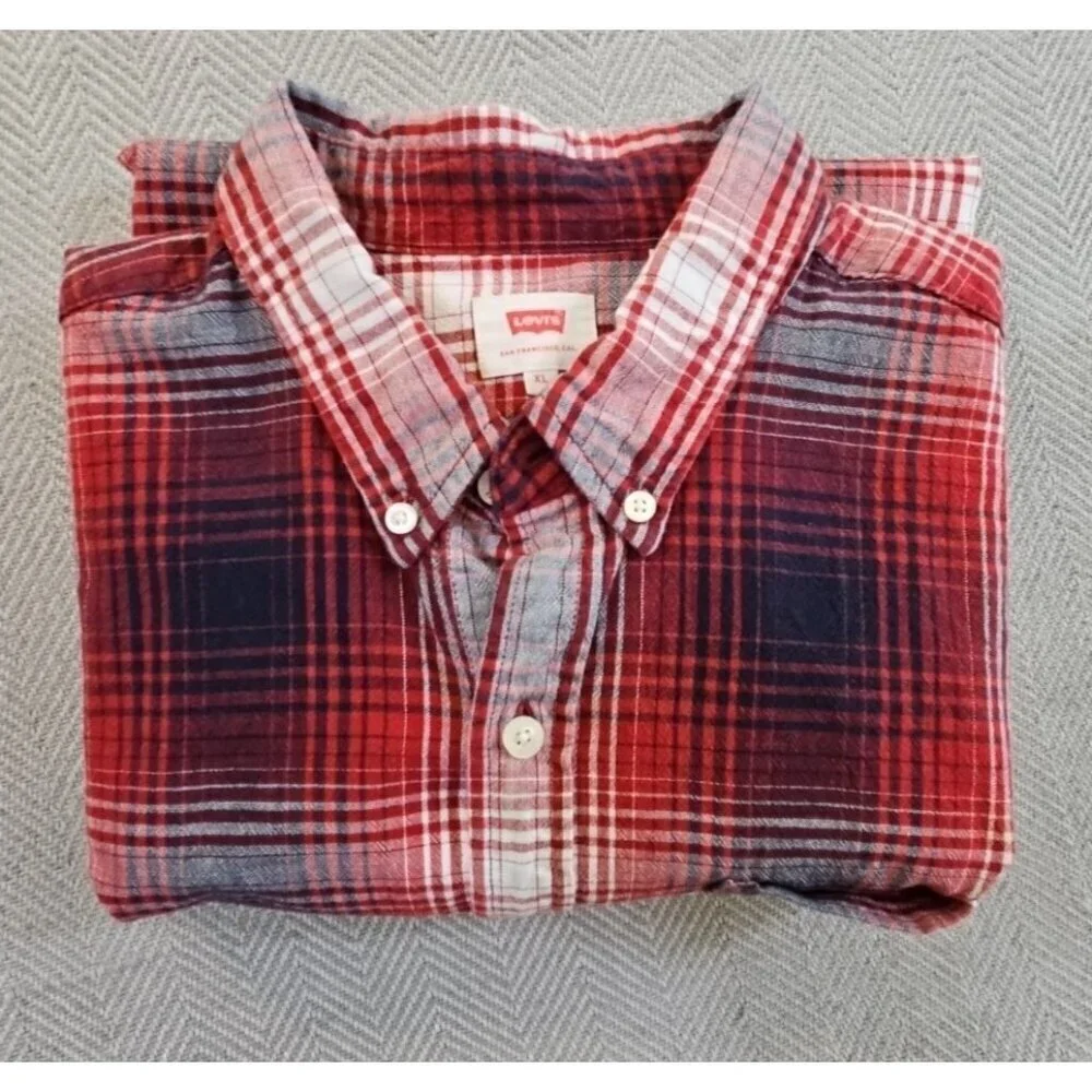 Levi's Shirt Men's XL Red Plaid Modern Fit Button‎ Up Western Short Sleeve EUC